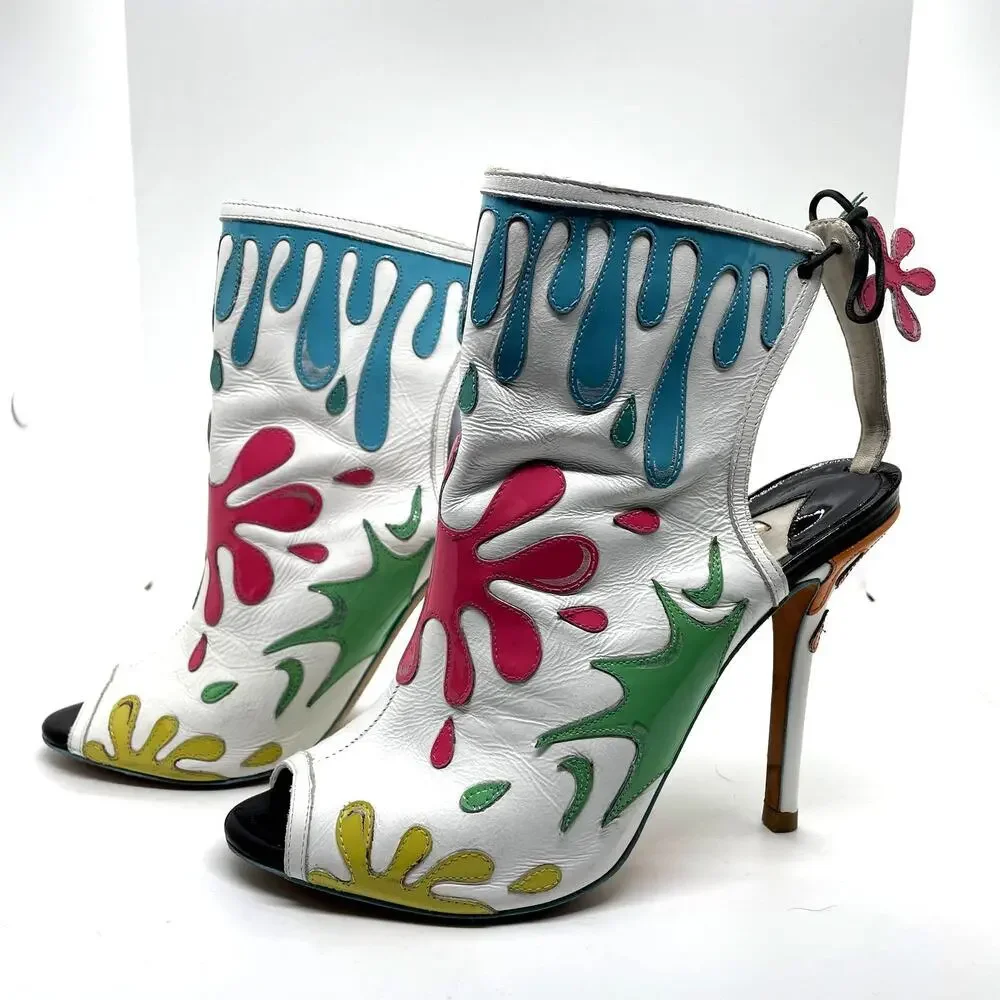 Sophia Webster Arty Party Paint Splatter Heel Tie Back Booties Size 7.5 - Picture 4 of 15